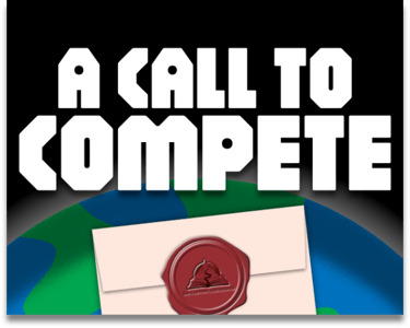 A thumbnail for the game A Call to Compete, showing the title over the Earth from space, with a cream, sealed envelope below.