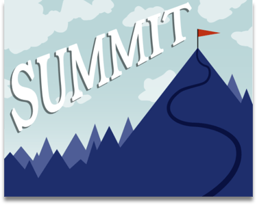 A thumbnail for the game Summit, showing blue mountains with a red flag atop the biggest.