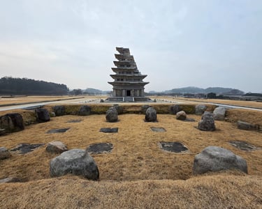 Pagoda reconstruction and archaeological remainsat Mireuksa Temple site in Iksan