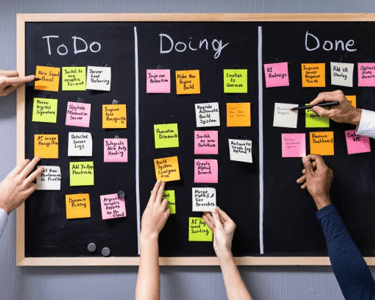 Aplicação prática do pensamento ágil por jovens líderes com post-its de tarefas