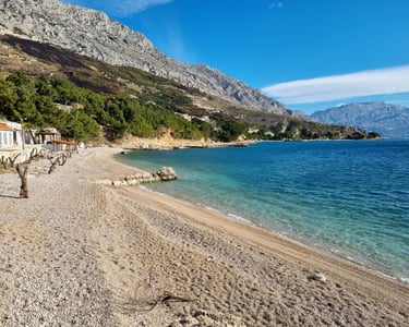 Artina pebble beach and Adriatic sea, Lokva Rogoznica, Croatia
