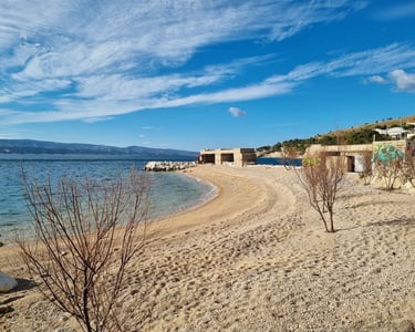 Rape central beach with pebble shore and clear Adriatic sea, Lokva Rogoznica