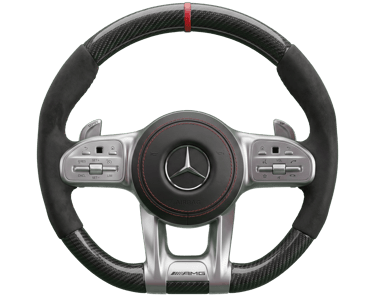 Mercedes-AMG carbon fiber and Alcantara steering wheel with red stitching and center stripe.
