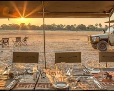 Luxury safari dinner table set outdoors in the African Karoo during a sunset game drive.
