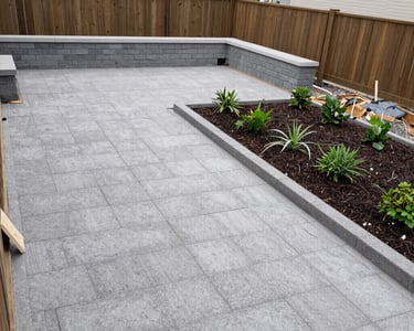 A cozy stone terrace with wooden furniture surrounded by vibrant plants and soft lighting.