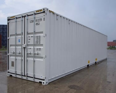 White 40-foot high cube shipping container for cargo storage and logistics.