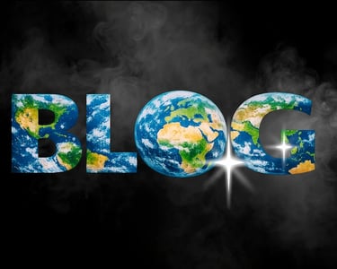 BLOG in bold Earth‑filled letters, glowing through mist — inviting global reflection and connection