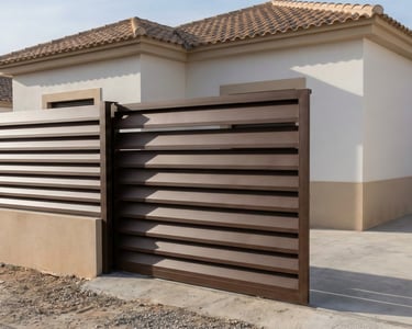 Cerramiento metálico premium de lamas horizontales plegadas en chalet de estilo mediterráneo