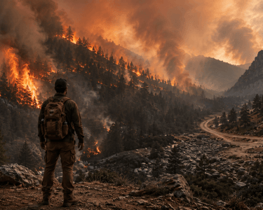 A man with a backpack watches a massive forest wildfire burning through trees in a mountain valley.