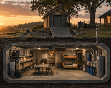 Underground survival bunker with food supplies, bunk beds, and water filtration system at sunset.