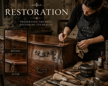 A professional furniture restorer meticulously repairs a vintage wooden dresser using repair wax and antique tools.