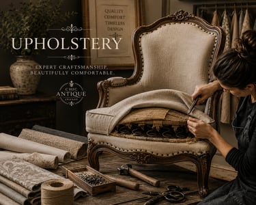 A skilled artisan performing expert upholstery on a vintage French chair with fabric rolls and tools.