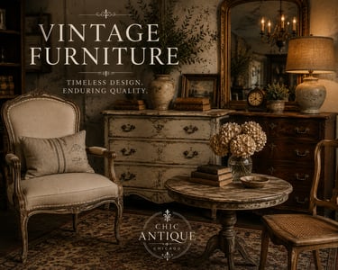 Elegant vintage furniture room with French Bergere chair, rustic chest of drawers, and antique decor.