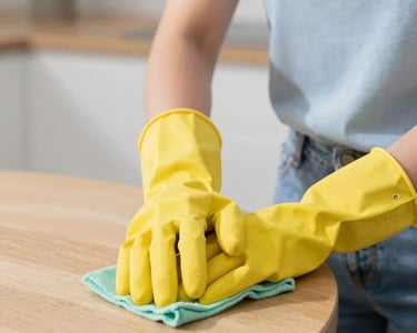 a woman in a striped shirt and yellow gloves is cleaning a table