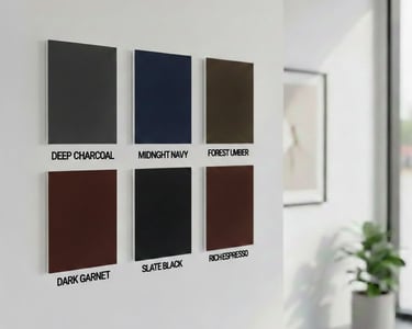 Six dark interior paint color swatches on a white wall in a modern room.