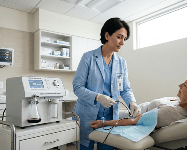 administering ozone therapy to a patient in a modern medical clinic using a specialized generator.