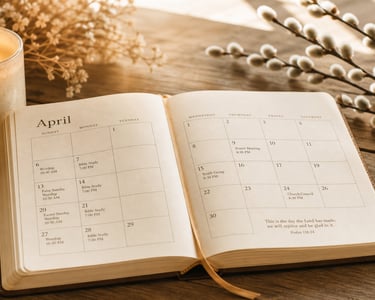 An open April church calendar planner on a wooden table with a lit candle and pussy willow branches.