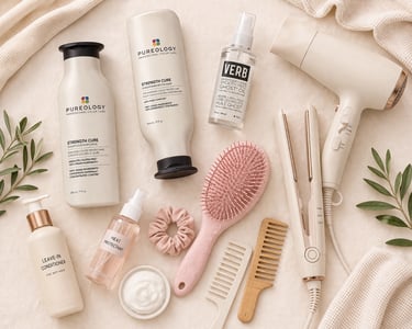 Flay lay of hair care essentials including brush, comb, tools, and styling products