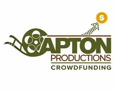 Apton Productions Crowdfunding logo featuring a film reel and a rising arrow toward a gold dollar coin.