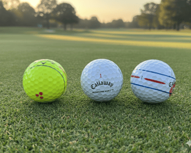 Three Callaway Chrome Soft golf balls sitting on a green grass putting surface at sunrise.
