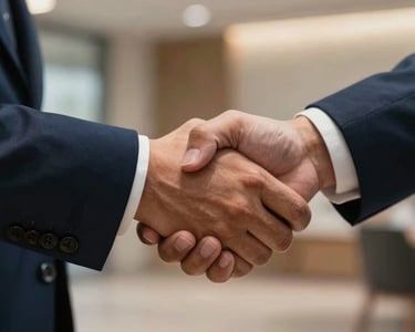 A close-up of a firm handshake between two partners in a Southeast Asian / Indonesian business setting, elegant Deep Midnight Blue suit sleeves visible, warm indoor lighting.