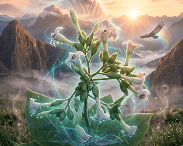 Spiritual image of Mapacho tobacco flowers in the Andes mountain range with a condor and an ancestral shamanic spirit.