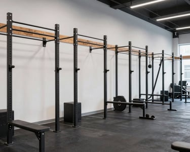 Bright, modern cardio machines lined up in a spacious gym with natural light.