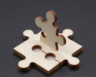 Close-up of wooden jigsaw puzzle pieces connecting on a dark background for problem-solving concepts.