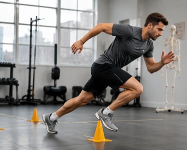 Athletic man performing agility drills with yellow cones in a modern fitness gym.