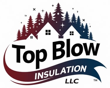 Logo for Top Blow Insulation LLC featuring white houses and pine trees for home energy efficiency services.