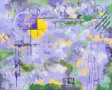 Textured abstract painting in purples, yellows, and green.