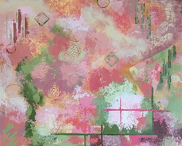 Abstract in greens, pinks, yellows, and cream