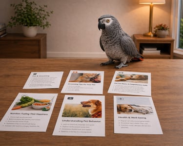 An African Grey parrot standing on a wooden table near pet care information cards about grooming and nutrition.