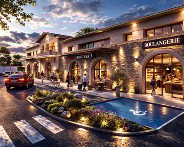 Charming French village shopping center at sunset featuring a stone boulangerie and bouchery with outdoor seating.