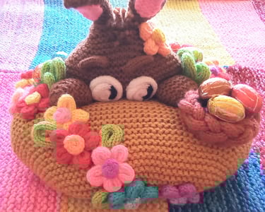 Easter bunny coming out of his den with his friend the mole
