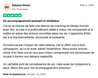 Avis 5 étoiles Trustpilot de Dayana sur le coaching par le design humain de Mujō
