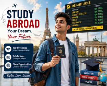 Indian student at airport with passport dreams of studying abroad                        