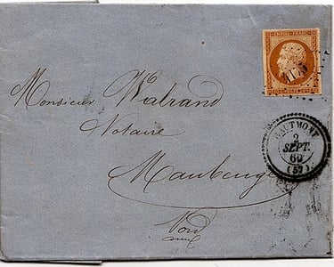 1860: Brief unter 7,5 g, frankiert mit 10 Centimes, von HAUTMONT nach MAUBEUGE.