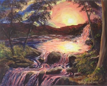 Vibrant, hot colours of a sunset reflected in waterfall looks like lava flow. Acrylics on canvas
