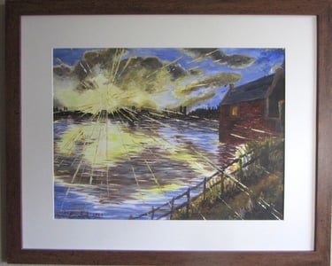 Beams of setting sunlight breaking through clouds across a harbour. Painted in acrylics on paper. 