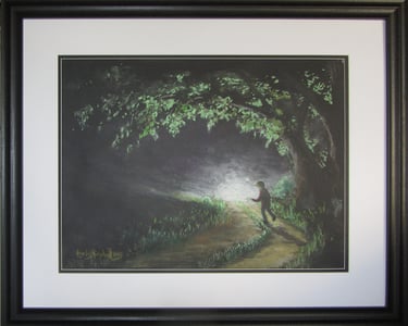 A figure walks down a deserted road into a strong beam of light -where is he going to?