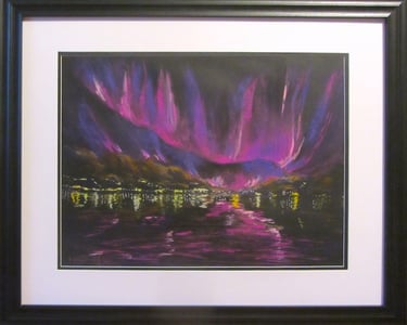 Reflections of the Southern Lights shining on a port in Australia. Soft pastel on black paper