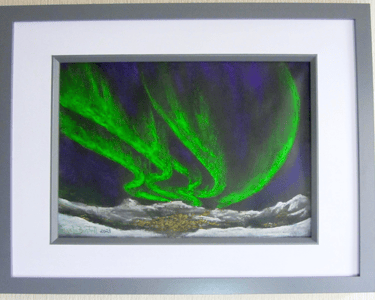 Reflections of the green Northern Lights sweeping down onto a snowy landscape.  Soft pastel on black
