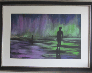 Reflections of the Northern Lights shining on Anthony Gormley's "Another Place" Crosby. Soft pastel 