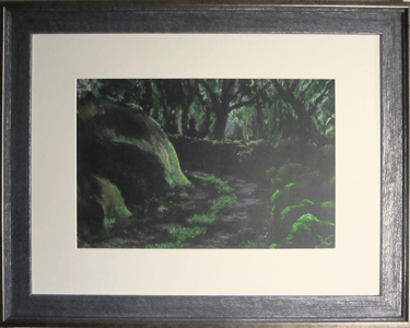 Light shining through the trees bouncing off the rocks lights up this road through the rocks drawn in pastel on black paper