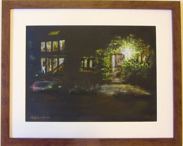 Welcoming light pours through the door and windows at my home in France. Drawn in soft pastel on black paper. SOLD