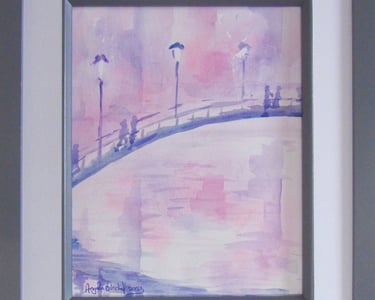 Pinks and purples suggest early morning watching people crossing an arched bridge in a busy city. 