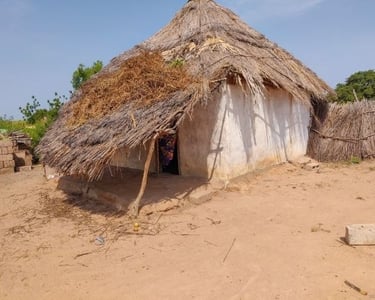 Traditionele Afrikaanse hut met een rieten dak op een zanderig erf onder een blauwe lucht.