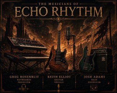 The Musicians of Echo Rhythm band poster featuring guitars, keyboards, and microphone in a cinematic setting.