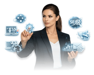 a woman in a business suit holding a tablet with a lot of icons